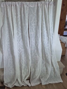 Two Vintage White Semi Sheer Curtain Panel Chenille Accent Pattern 36x63 (72x63)